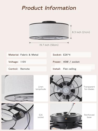 Image of 20 inch Black Low Profile Ceiling Fans with Lights, Boho Flush Mount Ceiling Fan with Light and Remote, Rattan with 6 Speeds for Bedroom, Nursery, Living Room