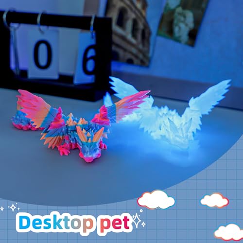 Image of 2 Pack 3D Printed Dragon with Wings - 9 inch Flying Dragon, Flexible Articulated Winged Animal, Office Desk Pet Toy, Home Decor, Easter Basket Stuffers (Candy Rainbow+ Glow Blue)