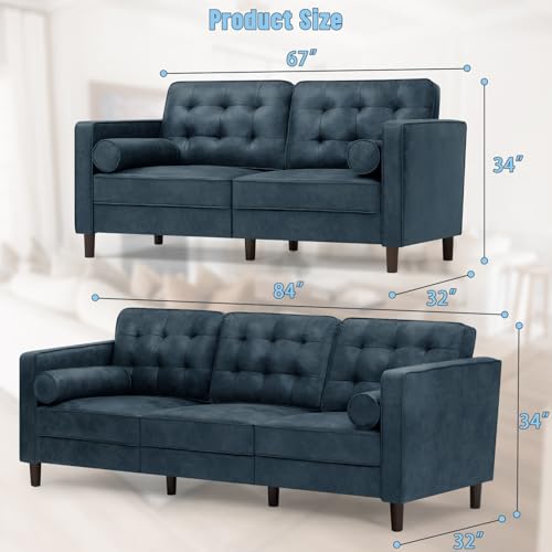 Image of Suede Leather Upholstered Sofa Set with Bolster Pillows, Blue | Tufted 2 Pieces Modern sofas with Bolster Pillows, 3 Seats Sofa and Loveseat with Sturdy Legs for Living Room, House