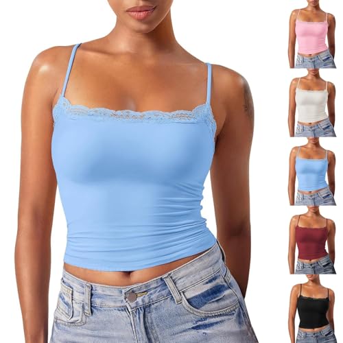 Debardeur Femme Chic Et Élégant Été Top Caraco Dentelle sans - Debardeur Court Femme Sexy Camisole Fine Bretelles Haut Col Carre Maillot De Corps Couleur Unie Tank Top Épaules Dénudées Débardeur