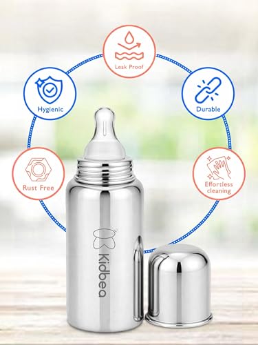 Image of Kidbea Steel Feeding Bottle 250ml for Newborns with Extra 4 Silicon Nipples | BPA Free, Food Grade, Leakproof | Safe & Durable Baby Milk Feeder