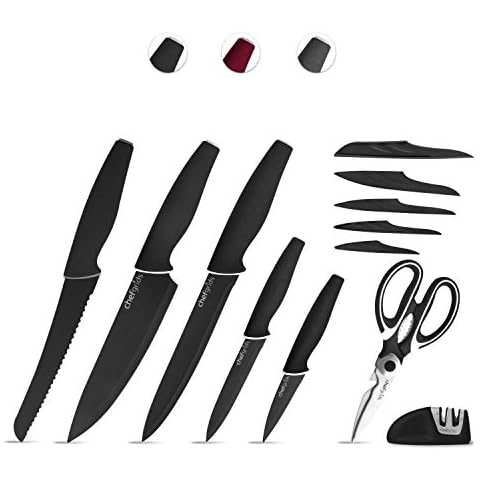 Chef Grids Super Grip Knife Set with Knife covers, Multi-Purpose Kitchen Scissor and Two Stage Sharpener | 12-piece Non Stick Kitchen Knives set, Black Cover