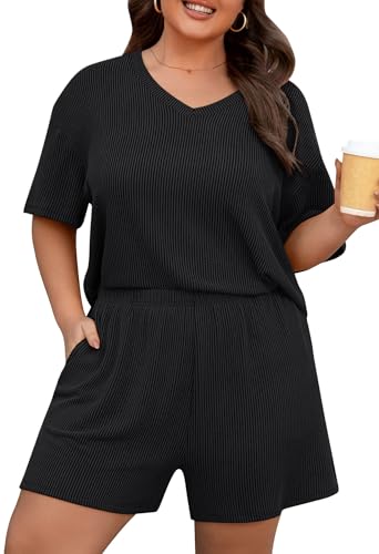 Charmo Plus Size Two Piece Sets for Women Summmer Outfits V-Neck Ribbed Short Sleeve Top Elastic Waist Shorts Matching Set Black 1X