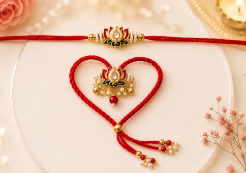 Image of Premium Lotus Couple Rakhi Set for Brother & Bhabhi, Pack of 2 | Handmade Designer, Pearl & Bead Work, Traditional Raksha Bandhan Gift, Red Thread