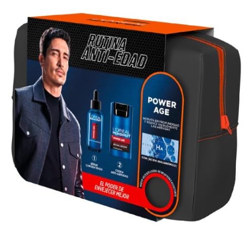 L’Oréal Paris Men Expert Power Age Neceser Hombre, Crema Anti-Edad 50 ml + Sérum Reafirmante 30 ml, Ácido Hialurónico para Hidratación y Firmeza