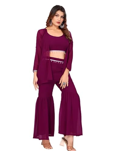 Women Latest Georgette Crop Top Sharara Set with Shrug for Wedding and Navratri|Georgette Sharara Salwar Suit For Womens