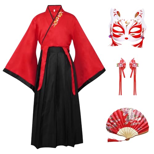 CRFASIBE Hanfu Robe Chinois Enfants, Deguisement Chinoise Fille Costume, Enfants Costumes Cosplay Vêtement avec Accessoires(Rouge Rubis, 130cm)