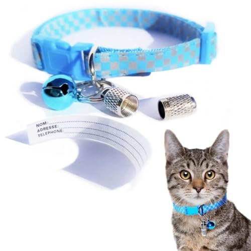 Collier Chat Réfléchissant Bleu à Carreaux Waldoly Sérénité, Collier Chat avec Étui Détachable pour Étiquette Personnalisée avec Nom, Adresse et...