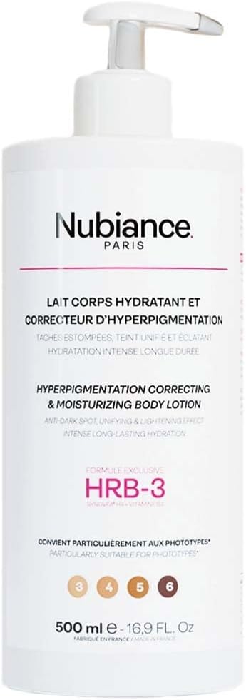 NUBIANCE - Lait Corps Unifiant & Hydratant HRB-3, 500ml - Soin protecteur et Anti-Tache d'hyperpigmentation - Peaux Sèches, Mixtes et Grasse - Peau Hydratée & Souple