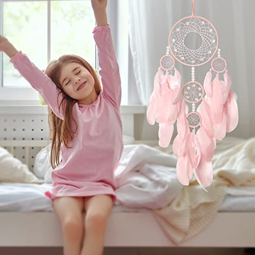 SOMYTING Pink Dream Catcher Wall Decor Handmade Feathers Dreamcatcher Wall Hanging Ornament Room Decor Craft Blessing Gift for Kids Boys Girls (Pink, No Light)