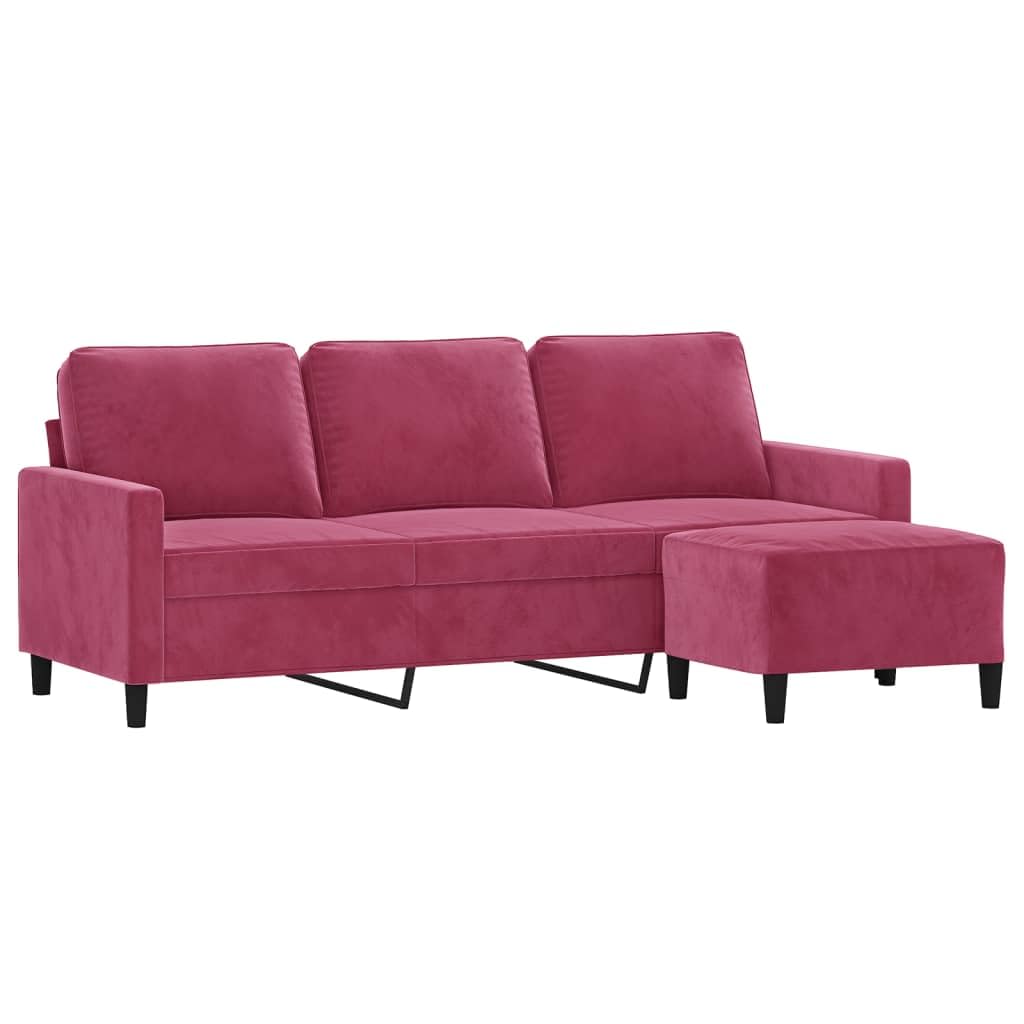 Générique Bordowa aksamitna sofa 3-osobowa 180 cm z podnóżkiem, struktura sklejki i metalu, wyściełane poduszki do wygodnego siedzenia, nowoczesny kompaktowy design