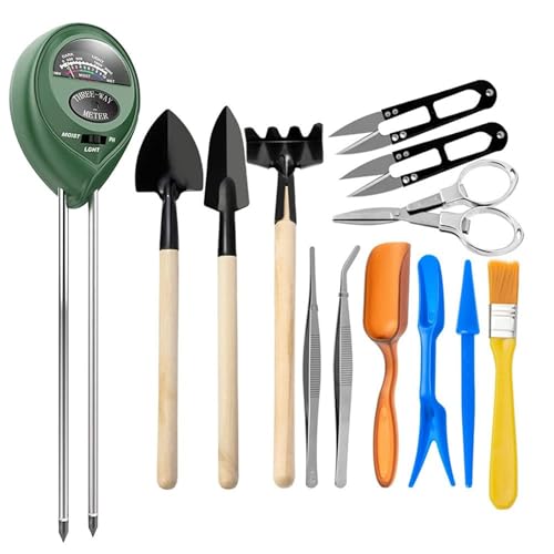 Bonsai-Werkzeug-Set, Bonsai-Werkzeug-Set, Mini-Gartenwerkzeuge, 13-teilig, Garten-Umpflanzwerkzeug, Bodentest-Set, Sukkulenten-Werkzeug-Set mit Schaufeln, Rechen, Gabel, Pinzette, Knospen- und