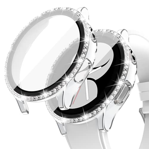 Goton Bling ケース Samsung Galaxy Watch 4 スクリーンプロテクター 44mm アクセサリー クリスタルダイヤモンド保護カバー 強化ガラスフィルム付き Samsung Galaxy Watch4 44mm ホワイト/SL用