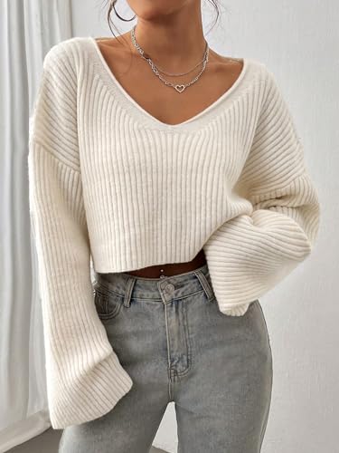 Floerns Women's Long Sleeve Cropped Fall Pullover V Neck Drop Shoulder Rib Knit Sweaters Top3