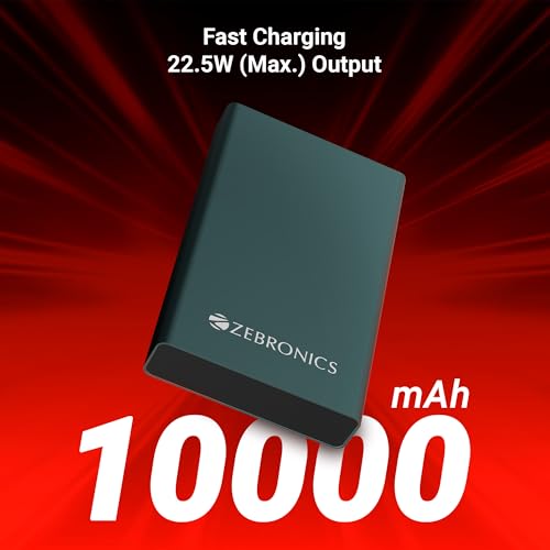 Image of ZEBRONICS EnergiTank 10MR1, Metal Power Bank, 10000 mAh, 22.5W Super Fast Charging PD 3.0 (PPS), Sleek & Stylish, Type C & USB Port, LED Indicator, for iPhone, Android, Tablets, Airpods (Olive)