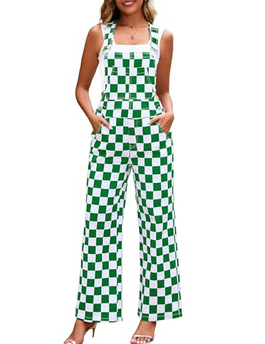 YXLUOKY Overalls for Women Loose Fit Jumpsuits Fashion Checkered Straight Leg Pants Stretch Bib Coveralls(Green Checkered L)