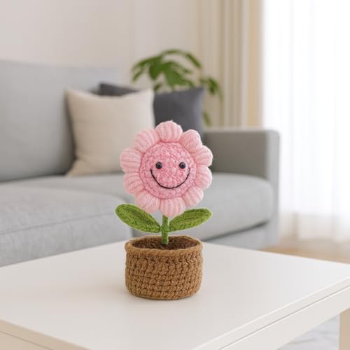 Image of 14CM Height Handmade Crochet Smiling Flower Pot for Home & Office Decor, Cute Aesthetic Desk Showpiece, Positive Vibes Table Decor, Thoughtful Gift for Friends & Loved Ones (Joy Bloom Pink)