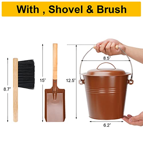 Mini Ash Bucket with Lid, 1.5-Gallon Pail with Shovel and Hand Broom, Metal Bucket Coal and Ash Carrier, Wood Pellet Storage Container, Tool set Accessories for Fireplace, Wood Burning Stove (Copper)