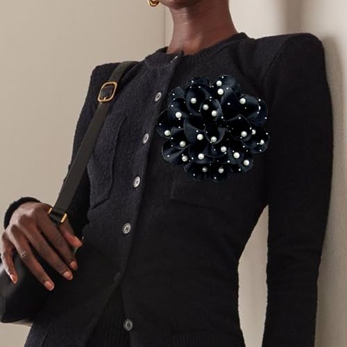 Image of Elegant Large Rose Flower Brooches Lapel Pins Handmade Dainty Satin Fabric Pearl Brooches Big Camellia Flower Brooch Pin for Women Wedding Part Dance Dress Suit Clothes Accessories Prom Jewelry