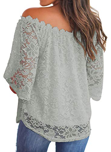 MIHOLL Women's Lace Off Shoulder Tops Casual Loose Blouse Shirts (Gray, XX-Large)