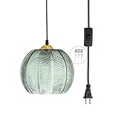 Pobllem Plug in Pendant Light Fixture Green Ribbed Glass Shade 9.84ft with Plug in ON/Off Switch mid