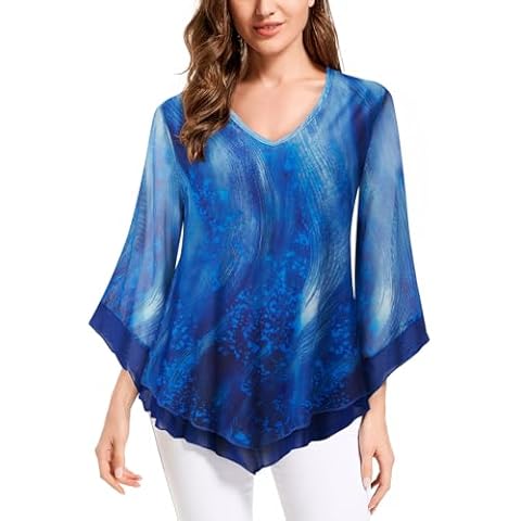 Wielsscca Womens Blouses and Tops Dressy Casual 3/4 Sleeve Summer Ladies Loose V Neck Double Layers Tunic Starry Blue XL Cover