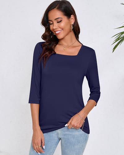 Ficerd 3 Pack 3/4 Sleeve Tops for Women Square Neck Shirts Loose Fit Casual Ladies Blouses Tops Fall Basic Tees4
