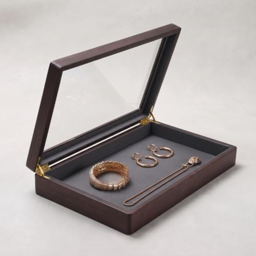 Vseutiac Plateau Présentoir Bijoux Boîte Vitrine Organisateur Rangement avec Couvercle en Verre et 12 Compartiments en Bois et Microfibre Convient à Salle de, Gris Foncé, Élégant – vue 7