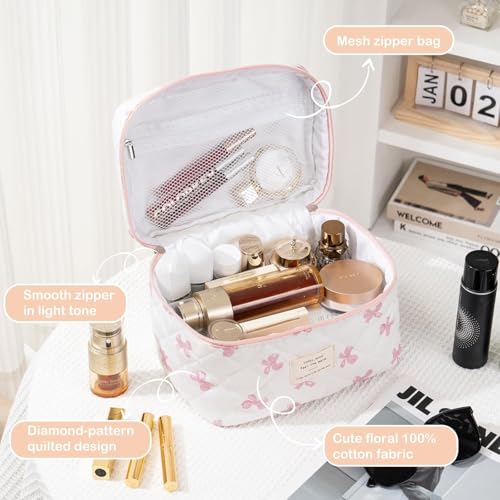 Image of Lyrovo Makeup Organizer Cosmetic Bag Quilted Large Floral Make Up Organize Set for Women Flower Travel Toiletry Bag (TIE-Pink)
