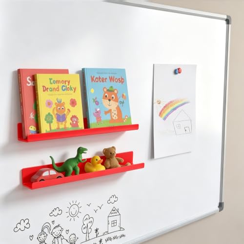 Image of 2 Pack Magnetic Book Shelf - Acrylic Reusable Display Panel for Whiteboards, Classrooms & Home, Adhesive-Free Storage with 11lb Capacity (red)
