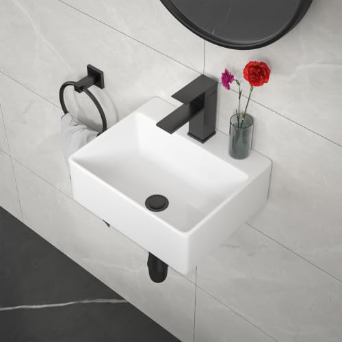 Kichae Wall Mount Hung Small Vessel Sink - Bathroom Corner Floating Sink Rectangle 13' x 11' Modern...