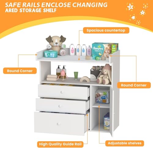 Image of Baby Changing Table Dresser with Wide Tabletop, 3 Drawers & Open Storage Space, Baby Dresser with Changing Table Top, Perfect for Baby Bedrooms & Nurseries