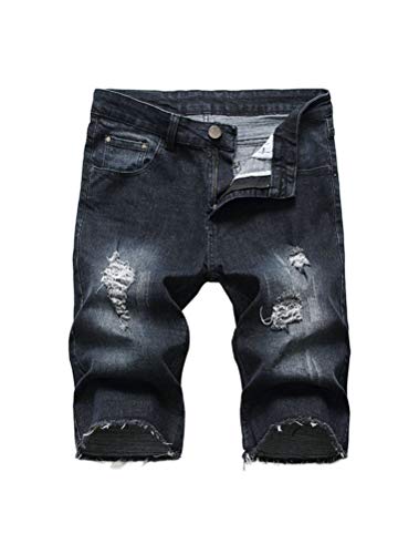 PASOK Men's Casual Denim Shorts Distressed Stretchy Jeans Shorts Ripped Short Pants Black 1209-40