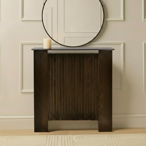 Image of OHS Small Radiator Cover Ribbed, Modern Slatted Front MDF Cabinet Decorative Heater Cover with Top Shelf Radiator Covers for Living Room Bedroom Hallway, Dark Wood - 78 x 82 x 19cm