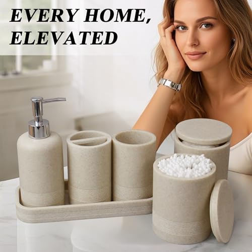 LIN CHUAN 6-Piece Bathroom Accessories Set, Bathroom Accessory Set with Soap Dispenser, Toothbrush Holder Set, Vanity Tray, Tumbler & 2 Cotton Swab Jars, Modern Stylish Bathroom Organizer(Beige) by LIN CHUAN - Image 8