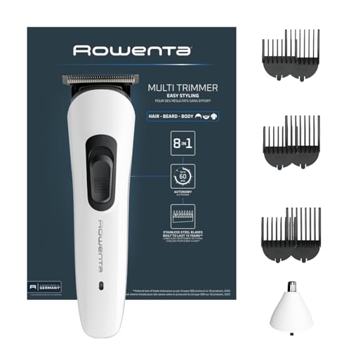 Rowenta Trim & Style 8 in 1, multiaccesorios para hombre, cuchillas de acero inoxidable autoafilables, 6 peines fijos, accesorio apra nariz y orejas, TN8934E0
