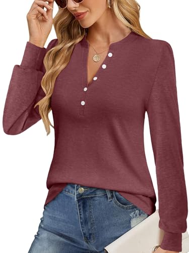 GKBK Women's Puff Long Sleeve Tunic V Neck Button Blouses Fall Tops Trendy Dressy Casual Business Henley Shirts Wine Red L — view 3