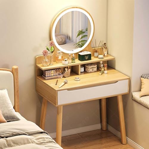 PNJKGY ドレッサー ドレッサーテーブル 三色補光ライト 鏡台 大サイズの化粧鏡 机上収納棚 コスメワゴン 安定性が高い 多機能 コンパクトドレッサー 大容量の引き出し ドレッサーデスク 実木の脚 化粧台 ドレッサー ライト付き(パイン,60x40x1