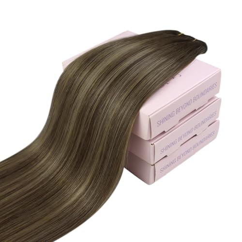 Fshine Przedłużenia z naturalnych włosów Butterfly Weft, 60 cm, 100 g, naturalne przedłużenie włosów, 1 sztuka, średni brąz, niewidoczny materiał, z poliuretanowymi otworami, większa objętość, długość