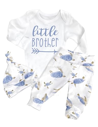Image of AGAPENG Newborn Boy Clothes Little Brother Newborn Outfit Romper Onesie Turtle Pattern Pants Hat 3PCS Baby Boy Gifts