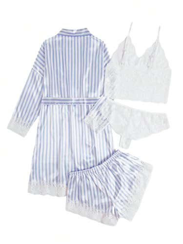 Image of SOLY HUX Women's Satin Pajama Set with Lace Trim - 4-Piece Sleepwear & Robe