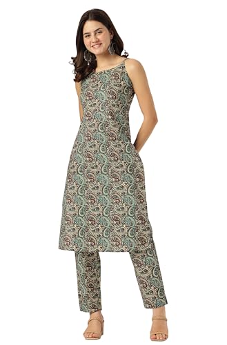 Image of Janasya Women Pure Cotton Ethnic Motifs Kurta & Pant Set Multi Color Trending Outfit Multicolour