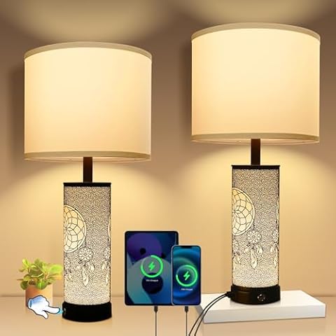HAOYODREA Set of 2 Touch Table Lamps with Fabric Shade UL 3-Way Dimmable Touch Control Bedside Lamps Built-in Night Light with Dual USB A Ports and AC Outlet for Bedroom, Living Room, Farmhouse Cover