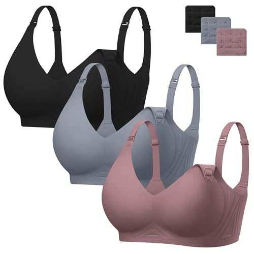 Angelhood 3 Pack Nursing Bras for Breastfeeding Seamless Pregnancy Maternity Bra Wireless Sleep Bralette Jelly Strip Support Postpartum Bra with Extenders, L Size