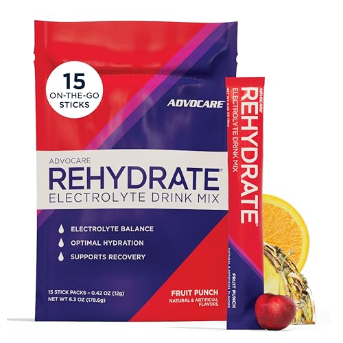 AdvoCare Rehydrate - Electrolyte Drink Mix - Includes Magnesium Sodium Potassium & Calcium - Antioxidant & Amino Acid Fortified - Hydration & Recovery - Fruit Punch 15 Stick Packs (6.3 oz)