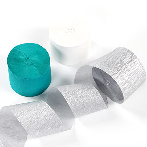 Image of Teal-Turquoise White Silver Party-Decorations Streamers - 9 Rolls Woman Girl Birthday Crepe Tissue Paper Streamer Graduation Wedding Bachelorette Engagement Bridal Baby Shower Garland Decor Panduola