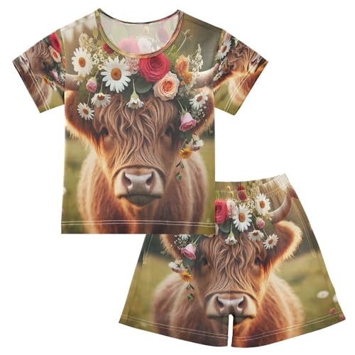 Spring Highland Cow Flower Pajama Set Short Sleeve PJ Set Cotton Summer Pajamas Sleepwear Soft 5Y