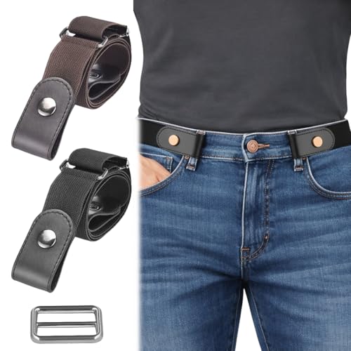 LEPGUYO 2 Piezas Cinturón Hombre Sin Hebilla, Cinturón Elástico Unisex, 3cm Ancho, 80-110cm Extensible, Pantalones Casuales, Negro, Hebilla Gratis