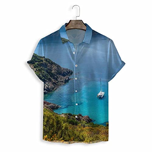 Chemise hawaïenne pour hommes au motif voilier ciel et mer pour la plage