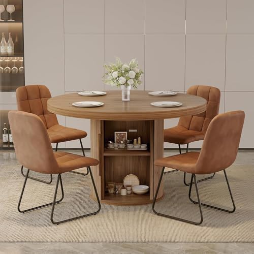 Image of 5-Piece Dining Set for Small Spaces 43.3 inch Round Table & 4 PU Leather Chairs, Modern Farmhouse with Storage Shelf, Apartment Kitchen Easy Assembly (Walnut Color Round Table + 4 Modern Brown Chairs)